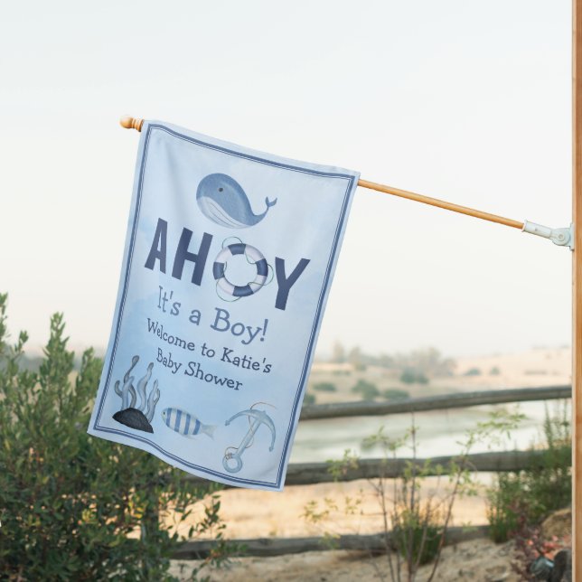 Ahoy It's a Boy Ocean Animals Coastal Baby Shower House Flag (Insitu (Back))