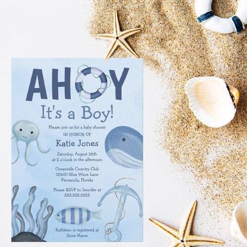 Ahoy Its a Boy Ocean Animals Coastal Baby Shower Invitation