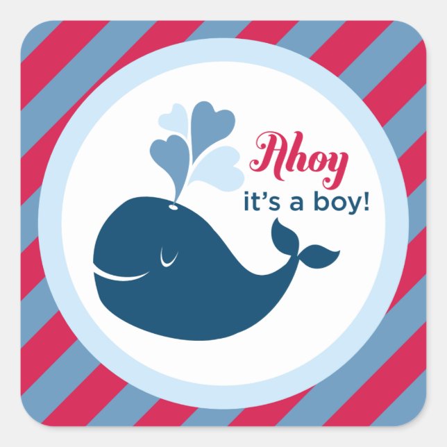 Ahoy Its a Boy Red Navy Whale Square Sticker (Front)