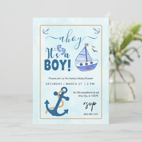 Ahoy its a Boy Sailboat Baby Shower Invitation