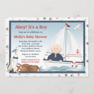 Ahoy Its a Boy Sailboat Baby Shower Invitation