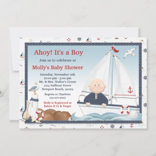 Ahoy Its a Boy Sailboat Baby Shower Invitation
