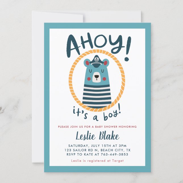 Ahoy It's A Boy Sailor Bear Baby Shower Invitation (Front)
