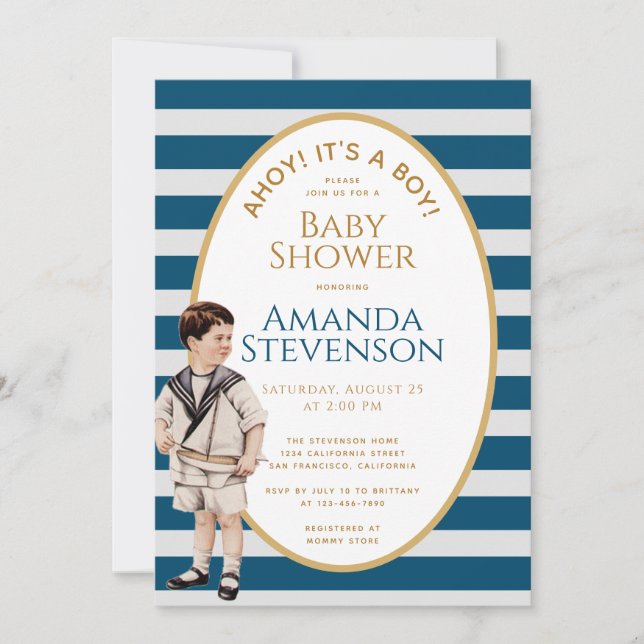 Ahoy It's a Boy Sailor Gold Nautical Baby Shower Invitation (Front)