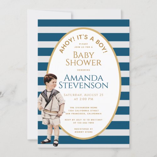 Ahoy Its a Boy Sailor Gold Nautical Baby Shower Invitation