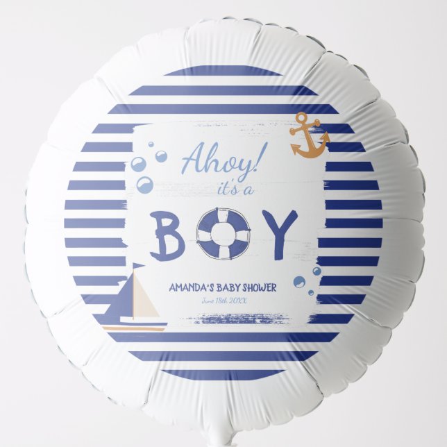 Ahoy It's A Boy! Sailor Marine Blue Baby Shower Balloon (Front)