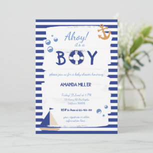 Ahoy It's A Boy! Sailor Marine Blue Baby Shower Invitation