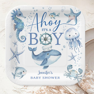 Ahoy it's A Boy Sailor Nautical Baby Shower Blue  Paper Plates