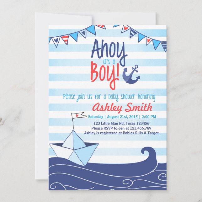 Ahoy It's A Boy Shower Invitation Ocean Nautical (Front)