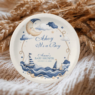 Ahoy It's a Boy Sleeping Moon Sailboat Stars Paper Plates