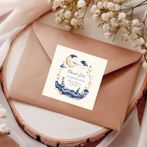 Ahoy It's a Boy Sleeping Moon Sailboat Stars Square Sticker