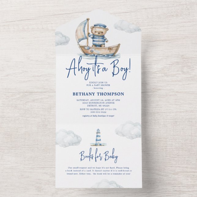 Ahoy it's a Boy Teddy Bear Baby Shower All In One Invitation (Inside)