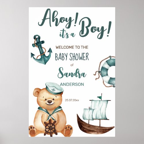 Ahoy its a boy teddy bear baby shower welcome  poster