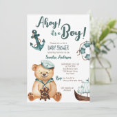Ahoy it's a boy teddy bear nautical baby shower invitation (Standing Front)