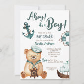 Ahoy it's a boy teddy bear nautical baby shower invitation (Front)