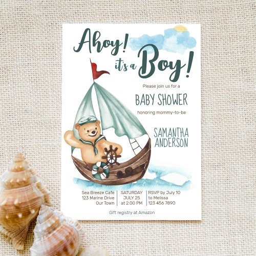 Ahoy its a boy teddy bear nautical baby shower invitation