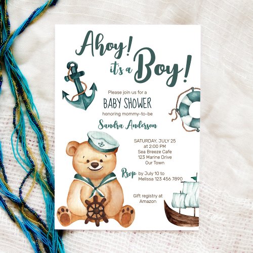 Ahoy its a boy teddy bear nautical baby shower invitation