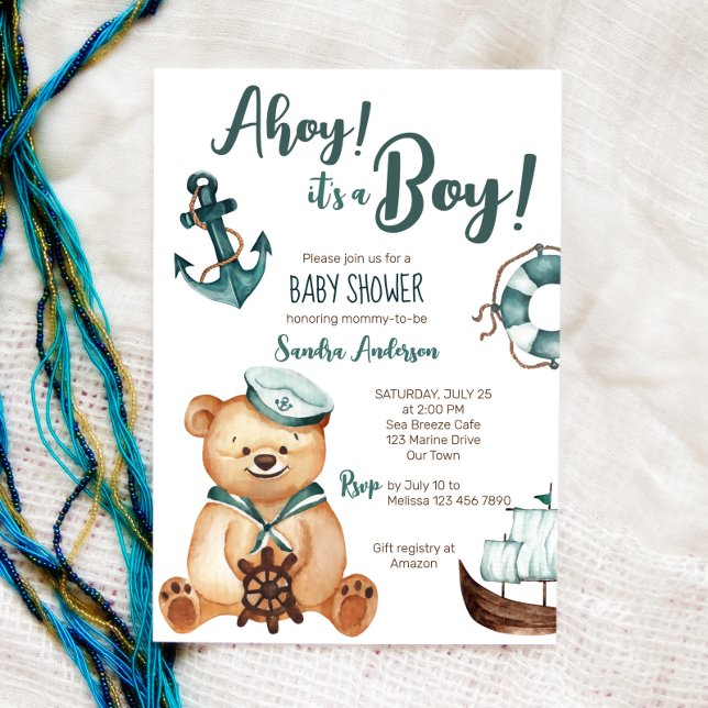 Ahoy it's a boy teddy bear nautical baby shower invitation