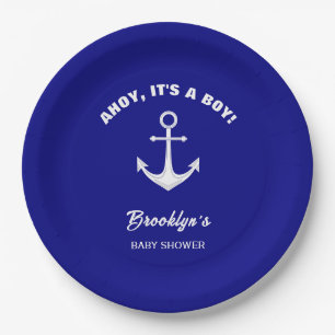 Ahoy Its A Boy Trendy Baby Shower Navy Blue White Paper Plates