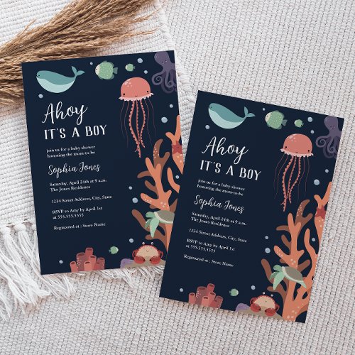  Ahoy Its a Boy Under the Sea Blue Baby Shower Invitation