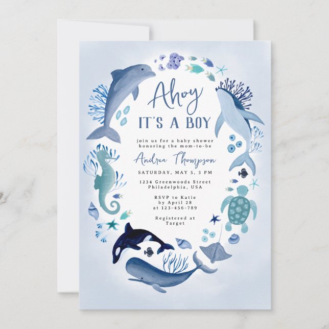 Ahoy It's a Boy Under the Sea Blue Baby Shower Invitation (Front)