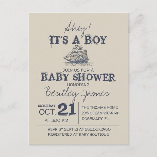 Ahoy Its a boy vintage nautical baby shower Invit Postcard