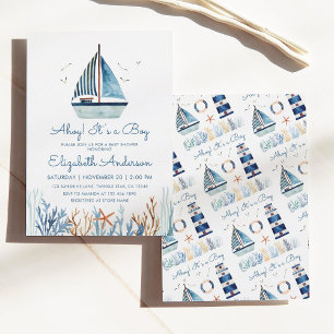 Ahoy! It's a Boy Watercolor Sailboat Baby Shower Invitation