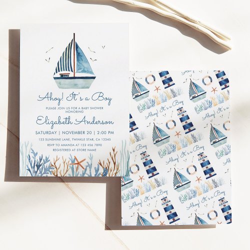 Ahoy! It's a Boy Watercolor Sailboat Baby Shower