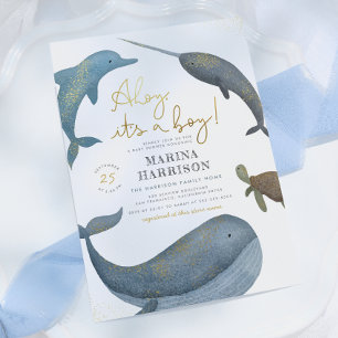 Ahoy It's A Boy Watercolor Sea Animals Baby Shower Invitation
