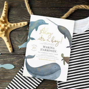 Ahoy It's A Boy Watercolor Sea Animals Baby Shower Invitation