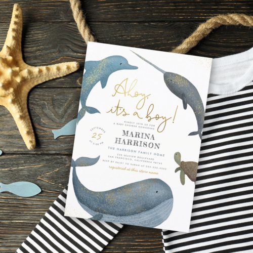 Ahoy Its A Boy Watercolor Sea Animals Baby Shower Invitation
