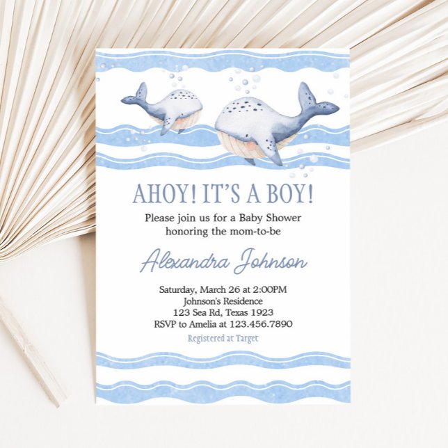 Ahoy It's a Boy Whale Baby Shower  Invitation (Ahoy Whale Baby Shower Invitation)