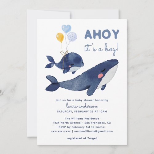 AHOY Its a Boy Whale Mom Baby Shower Invitation