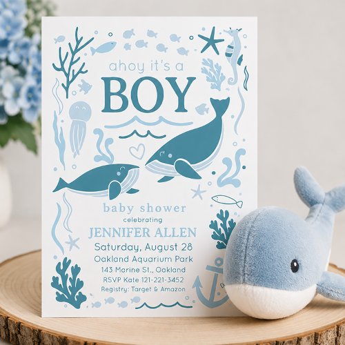 Ahoy It's a Boy Whale Nautical Baby Shower Invitation