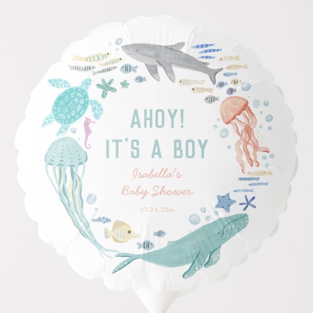 Ahoy! It's A Boy Whale Shark Boy Baby Shower Balloon (Front)