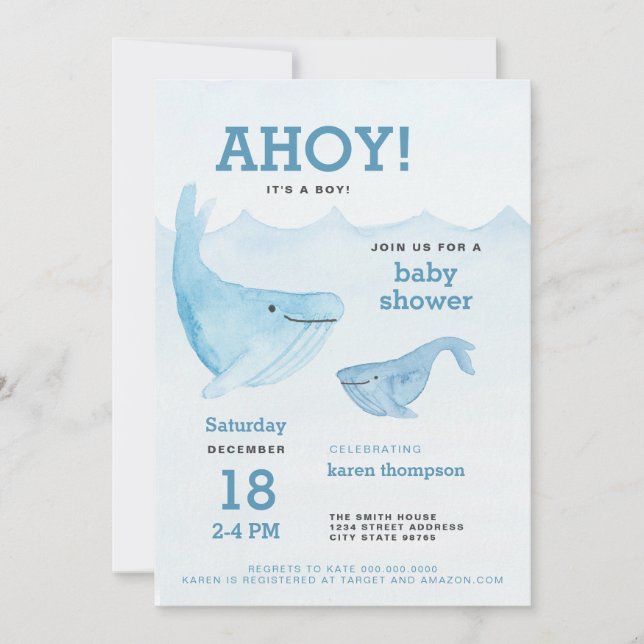 Ahoy it's a boy whale watercolor baby shower invitation (Front)