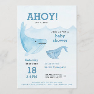 Ahoy it's a boy whale watercolor baby shower invitation