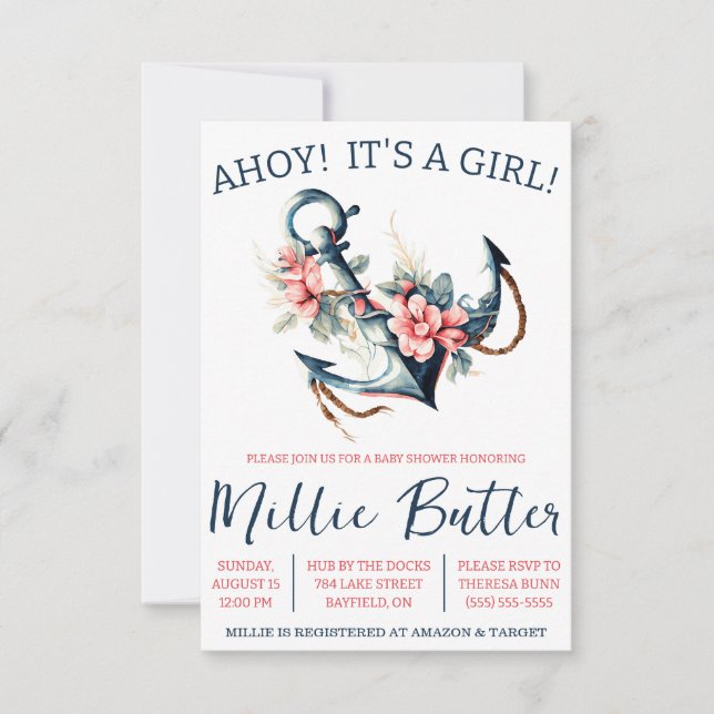 AHOY! It's a GIRL! Floral Anchor Baby Shower Invitation (Front)