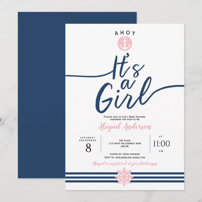 Ahoy, it's a Girl, Nautical, Baby Girl Shower Invitation (Front/Back)