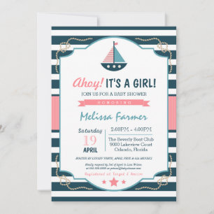 Ahoy It's A Girl! Nautical Navy & Pink Baby Shower Invitation