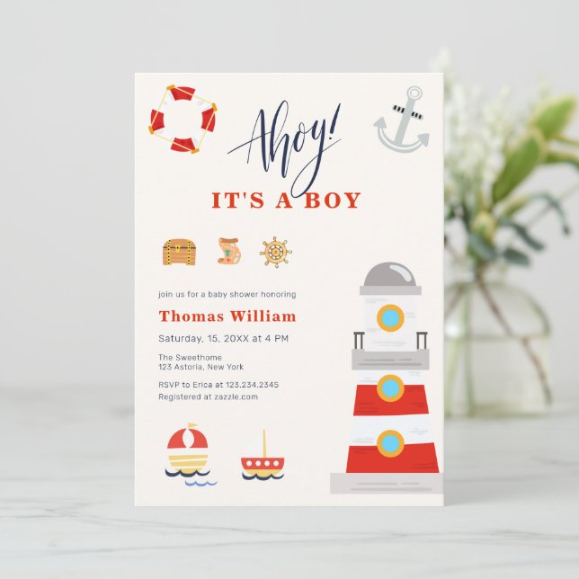Ahoy It's Boy Sail Lighthouse Baby Shower  Invitation (Standing Front)