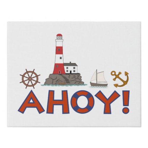 AHOY Life Ring Lighthouse Wheel Anchor Sailboat Faux Canvas Print