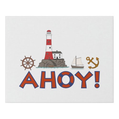 AHOY Life Ring Lighthouse Wheel Anchor Sailboat Faux Canvas Print