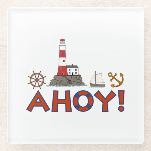 AHOY Life Ring Lighthouse Wheel Anchor Sailboat Glass Coaster