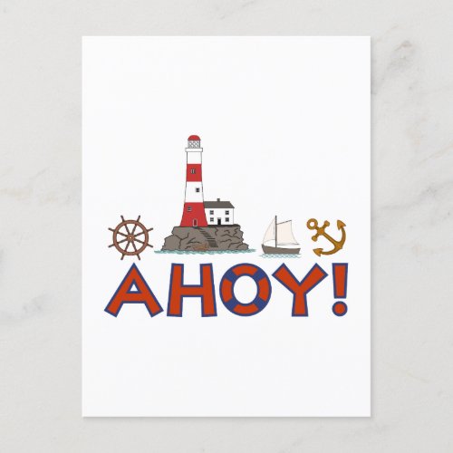 AHOY Life Ring Lighthouse Wheel Anchor Sailboat Postcard