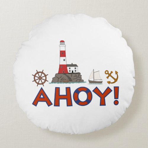 AHOY Life Ring Lighthouse Wheel Anchor Sailboat Round Pillow