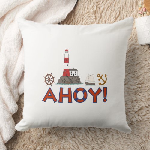 AHOY Life Ring Lighthouse Wheel Anchor Sailboat Throw Pillow