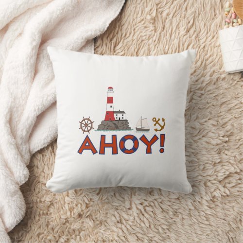 AHOY Life Ring Lighthouse Wheel Anchor Sailboat Throw Pillow