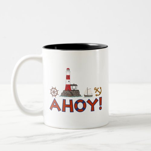 AHOY Life Ring Lighthouse Wheel Anchor Sailboat Two_Tone Coffee Mug