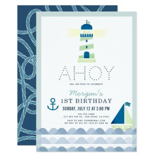Ahoy Lighthouse Nautical Blue Boy 1st Birthday Invitation